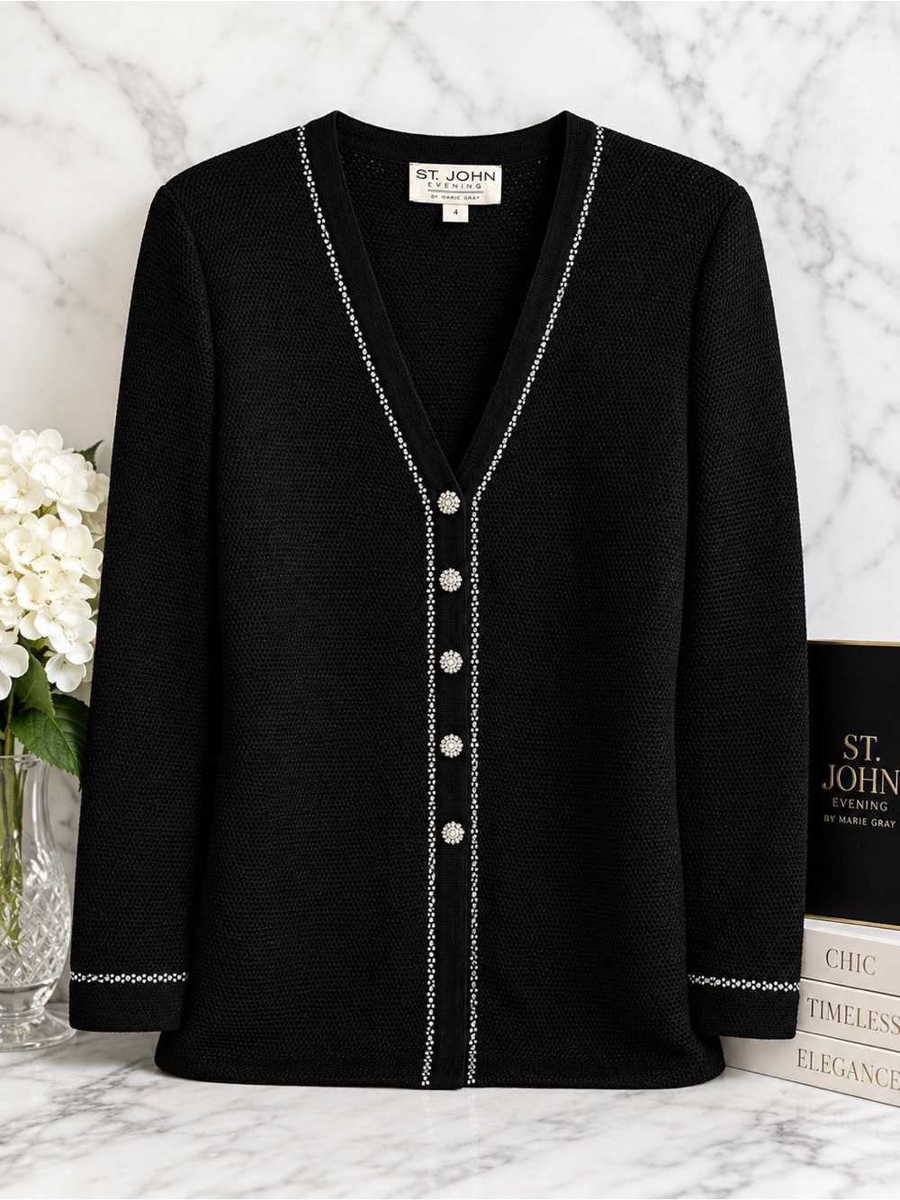 St. John Black Knit Cardigan with Crystal-Embellished Trim